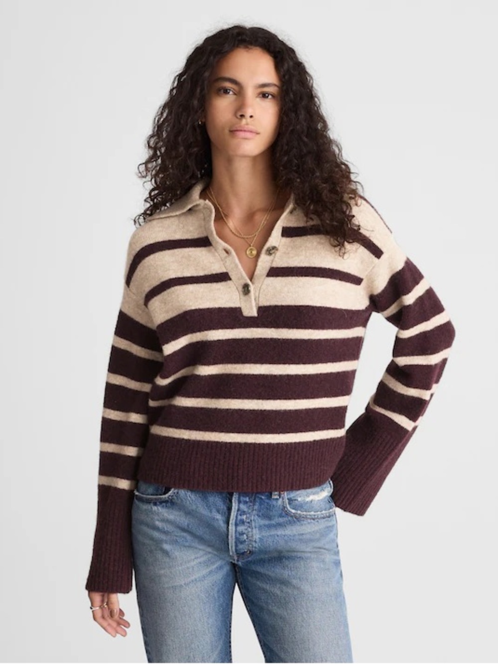 Madewell Cloudsoft Wide-Stripe Polo Sweater XL Wool Alpaca